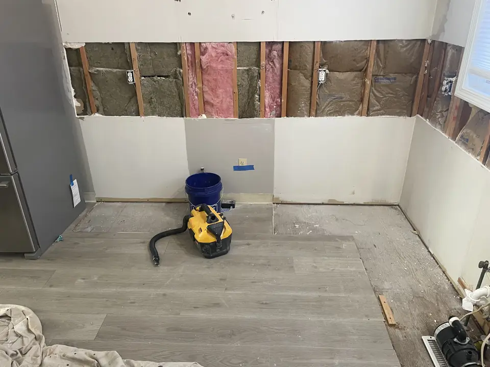 A kitchen stripped to the studs after TJ's demolition